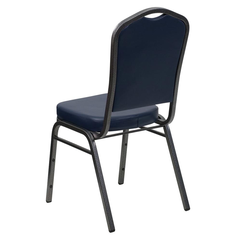 HERCULES Series Crown Back Stacking Banquet Chair in Navy Vinyl - Silver Vein Frame. Picture 3