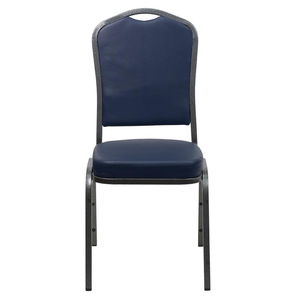HERCULES Series Crown Back Stacking Banquet Chair in Navy Vinyl - Silver Vein Frame. Picture 4