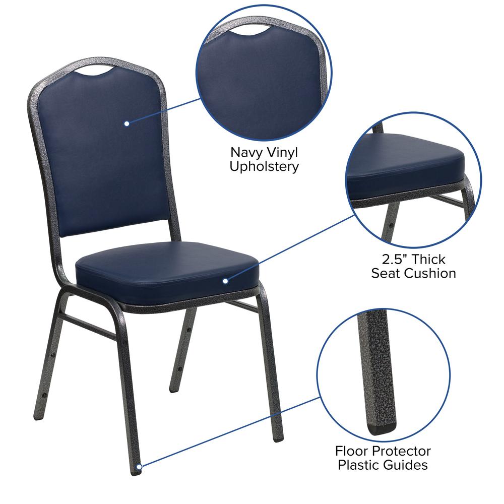 Crown Back Stacking Banquet Chair in Navy Vinyl - Silver Vein Frame. Picture 6