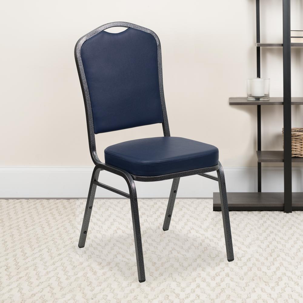 Crown Back Stacking Banquet Chair in Navy Vinyl - Silver Vein Frame. Picture 9