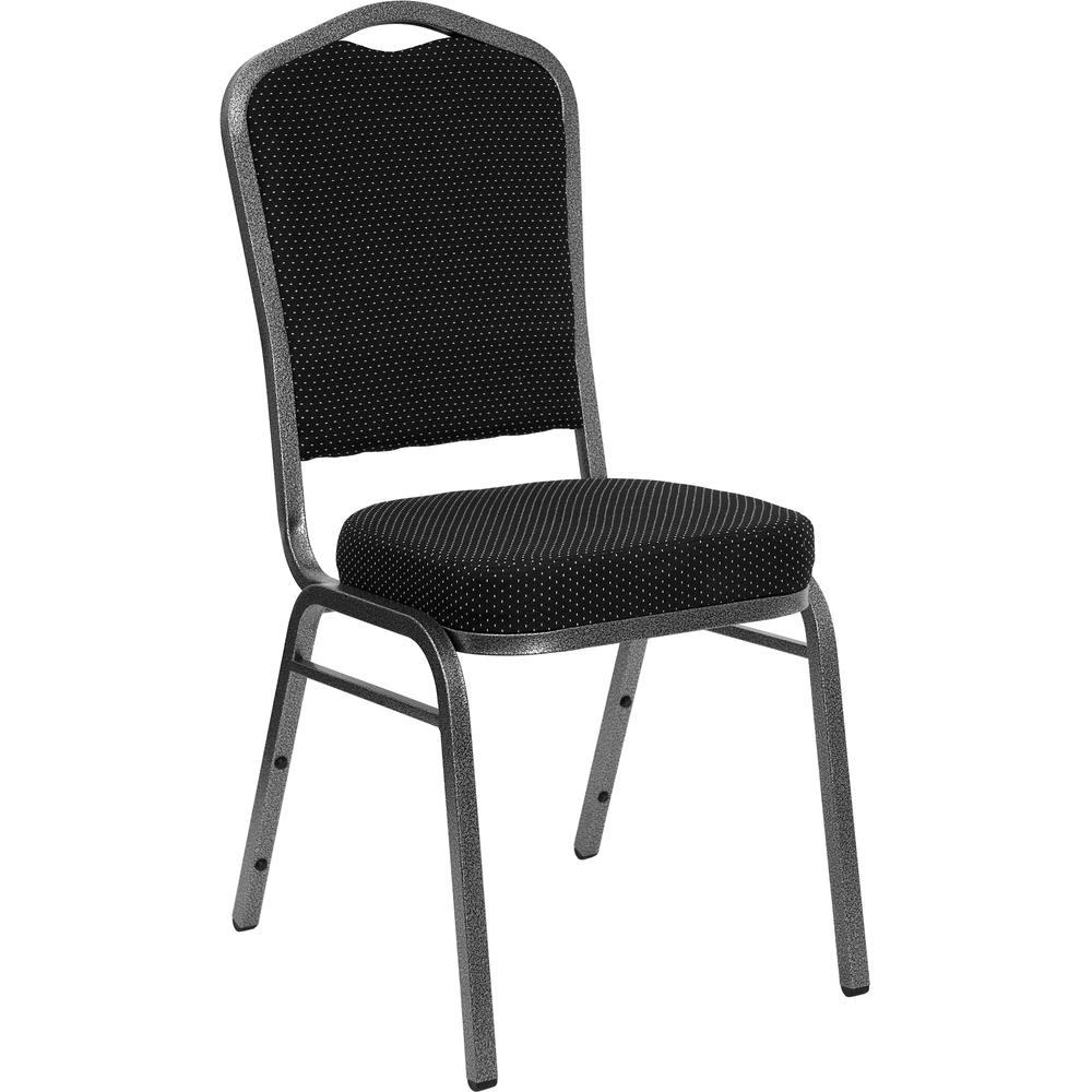 Crown Back Stacking Banquet Chair in Black Dot Patterned Fabric - Silver Vein Frame. Picture 1