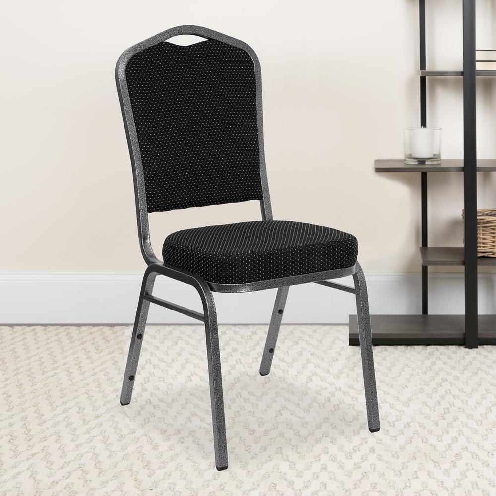 Crown Back Stacking Banquet Chair in Black Dot Patterned Fabric - Silver Vein Frame. Picture 9