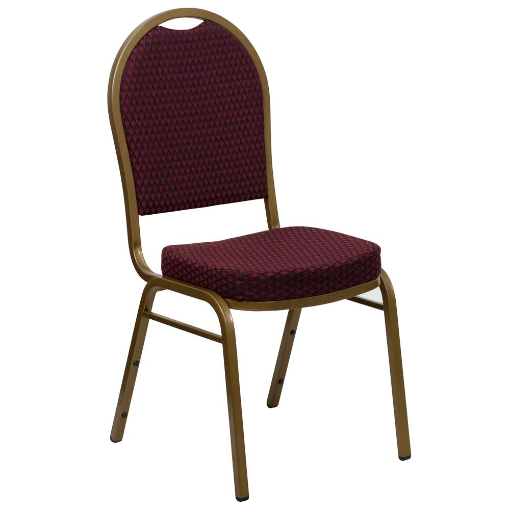HERCULES Series Dome Back Stacking Banquet Chair in Burgundy Patterned Fabric - Gold Frame. The main picture.