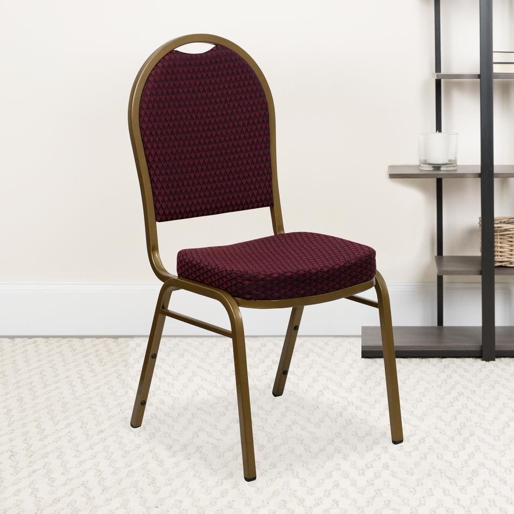 Dome Back Stacking Banquet Chair in Burgundy Patterned Fabric - Gold Frame. Picture 9