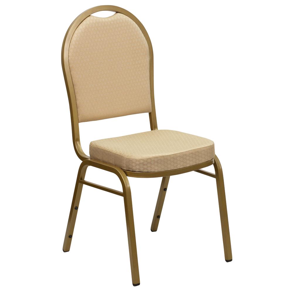 Dome Back Stacking Banquet Chair in Beige Patterned Fabric - Gold Frame. The main picture.
