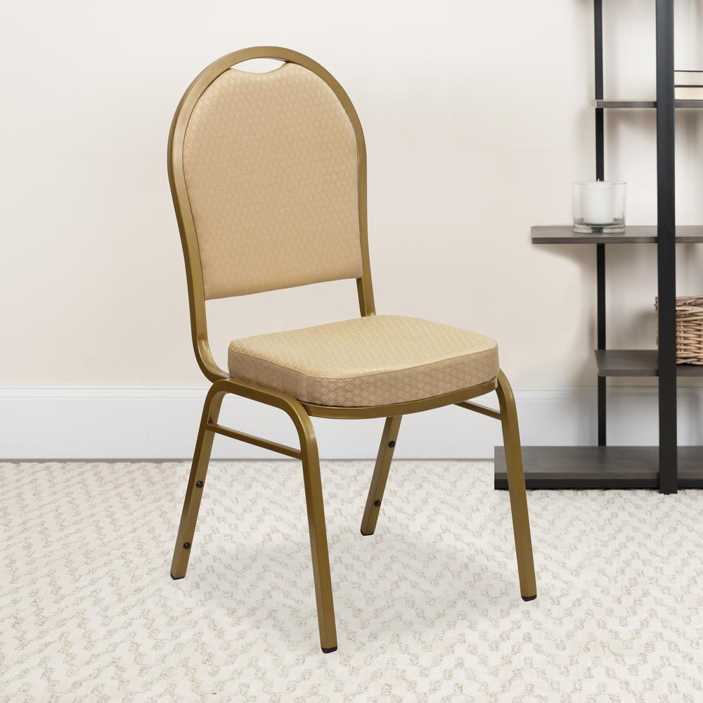 Dome Back Stacking Banquet Chair in Beige Patterned Fabric - Gold Frame. Picture 6