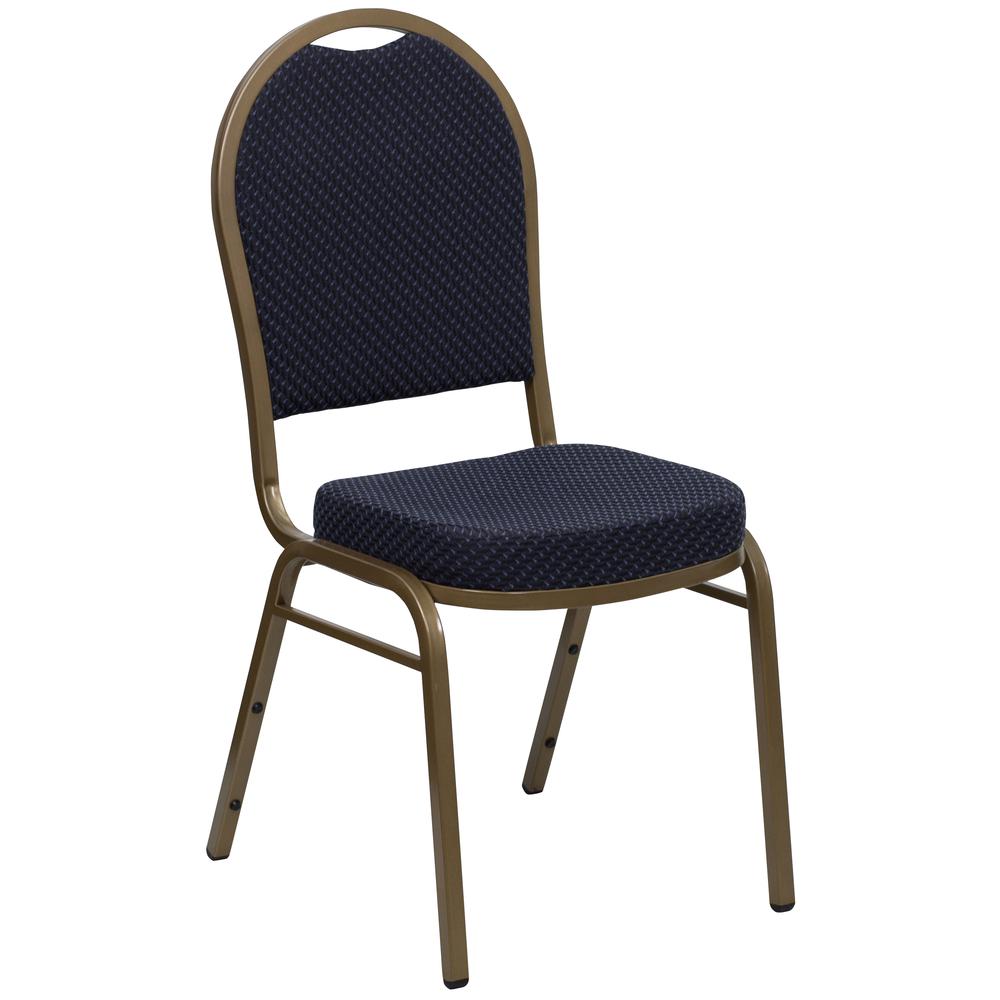 Dome Back Stacking Banquet Chair in Navy Patterned Fabric - Gold Frame. Picture 1