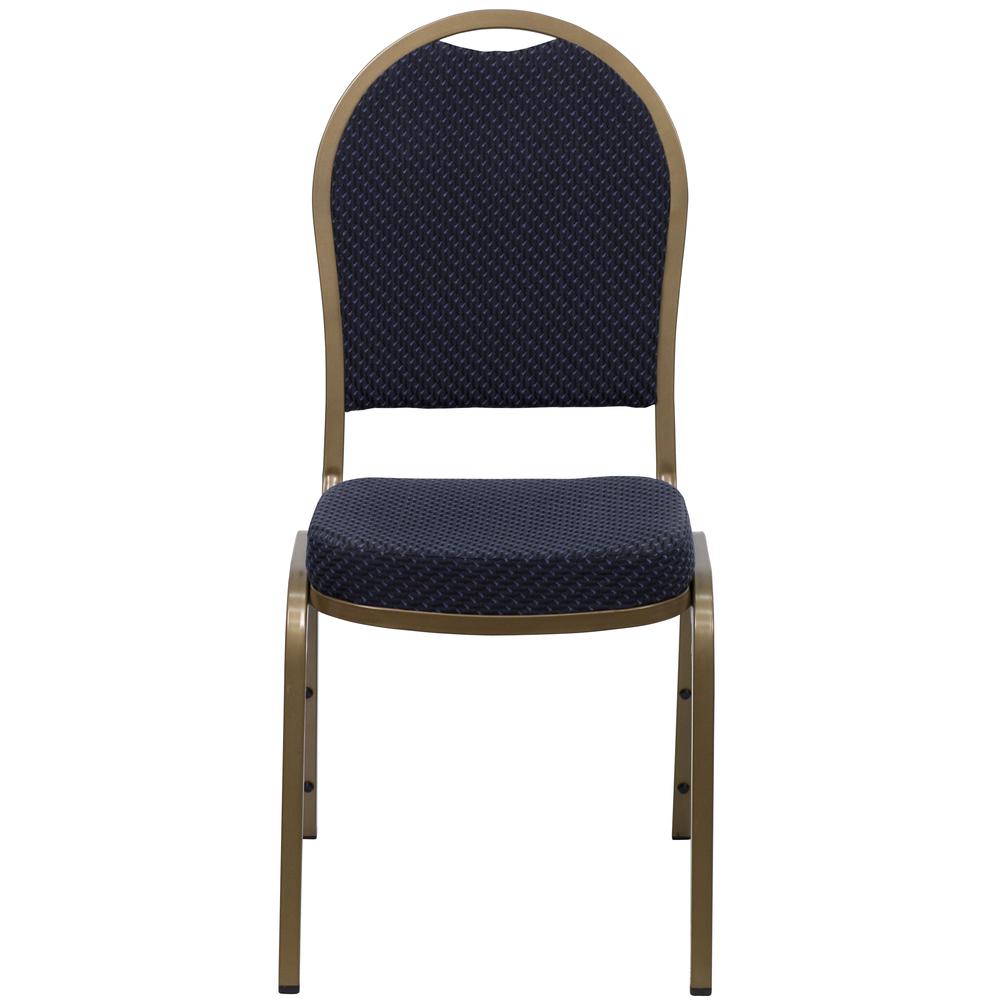 Dome Back Stacking Banquet Chair in Navy Patterned Fabric - Gold Frame. Picture 5