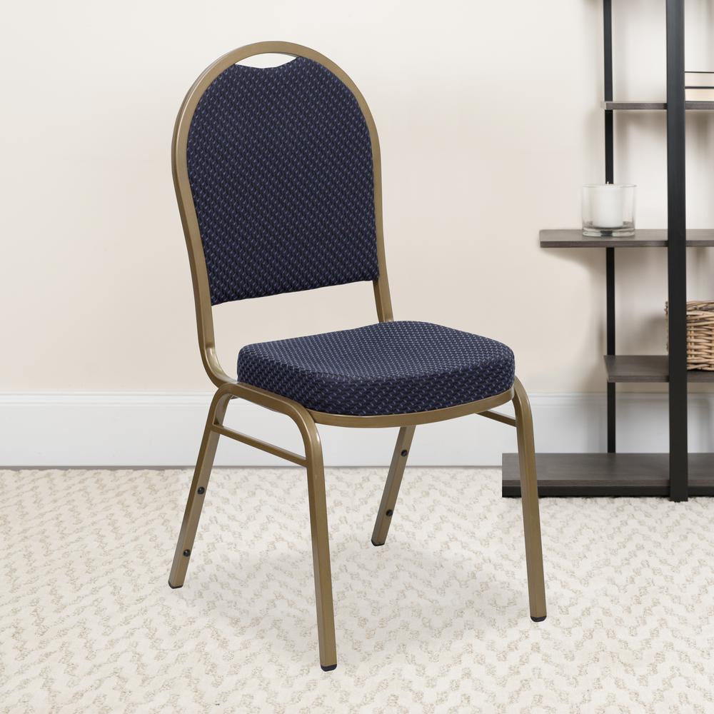 Dome Back Stacking Banquet Chair in Navy Patterned Fabric - Gold Frame. Picture 9
