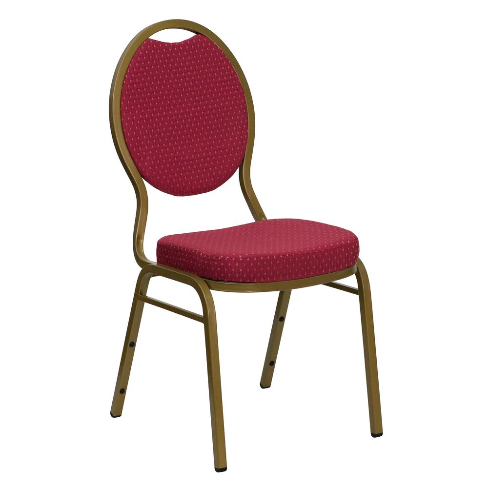Teardrop Back Stacking Banquet Chair in Burgundy Patterned Fabric - Gold Frame. The main picture.