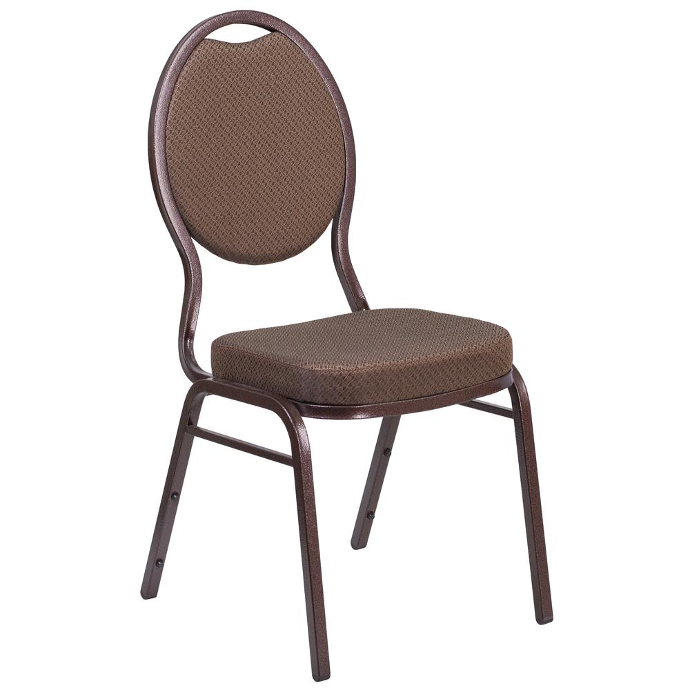 Teardrop Back Stacking Banquet Chair in Brown Patterned Fabric - Copper Vein Frame. The main picture.
