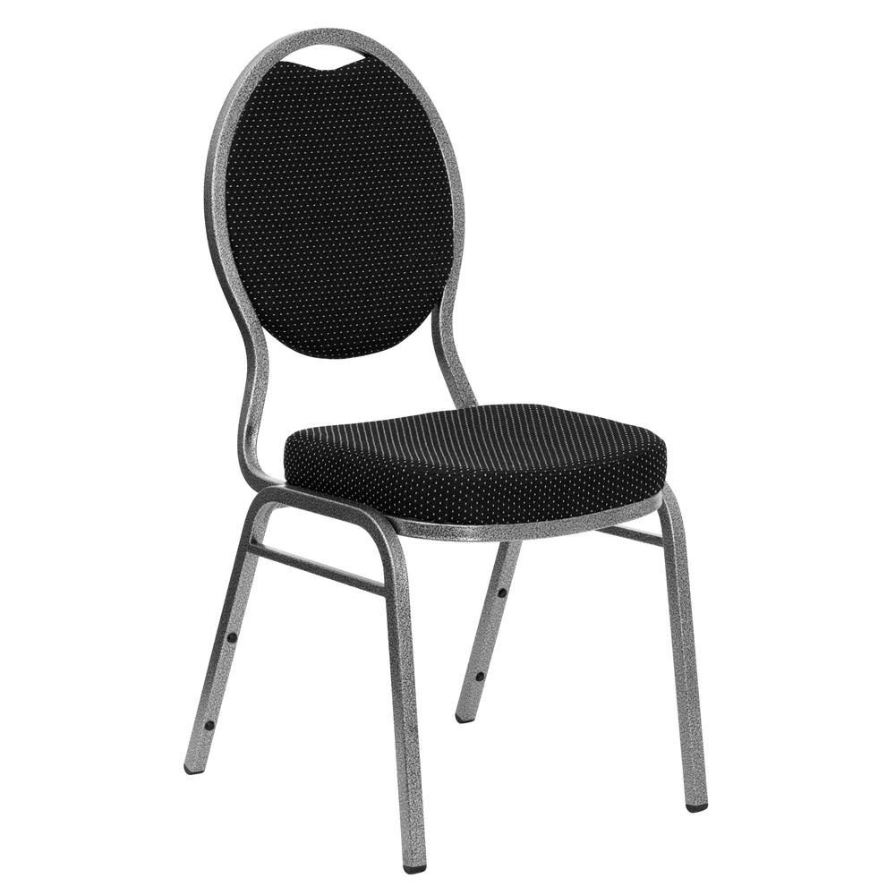 Teardrop Back Stacking Banquet Chair in Black Patterned Fabric - Silver Vein Frame. Picture 1