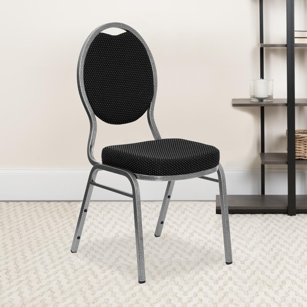 Teardrop Back Stacking Banquet Chair in Black Patterned Fabric - Silver Vein Frame. Picture 8