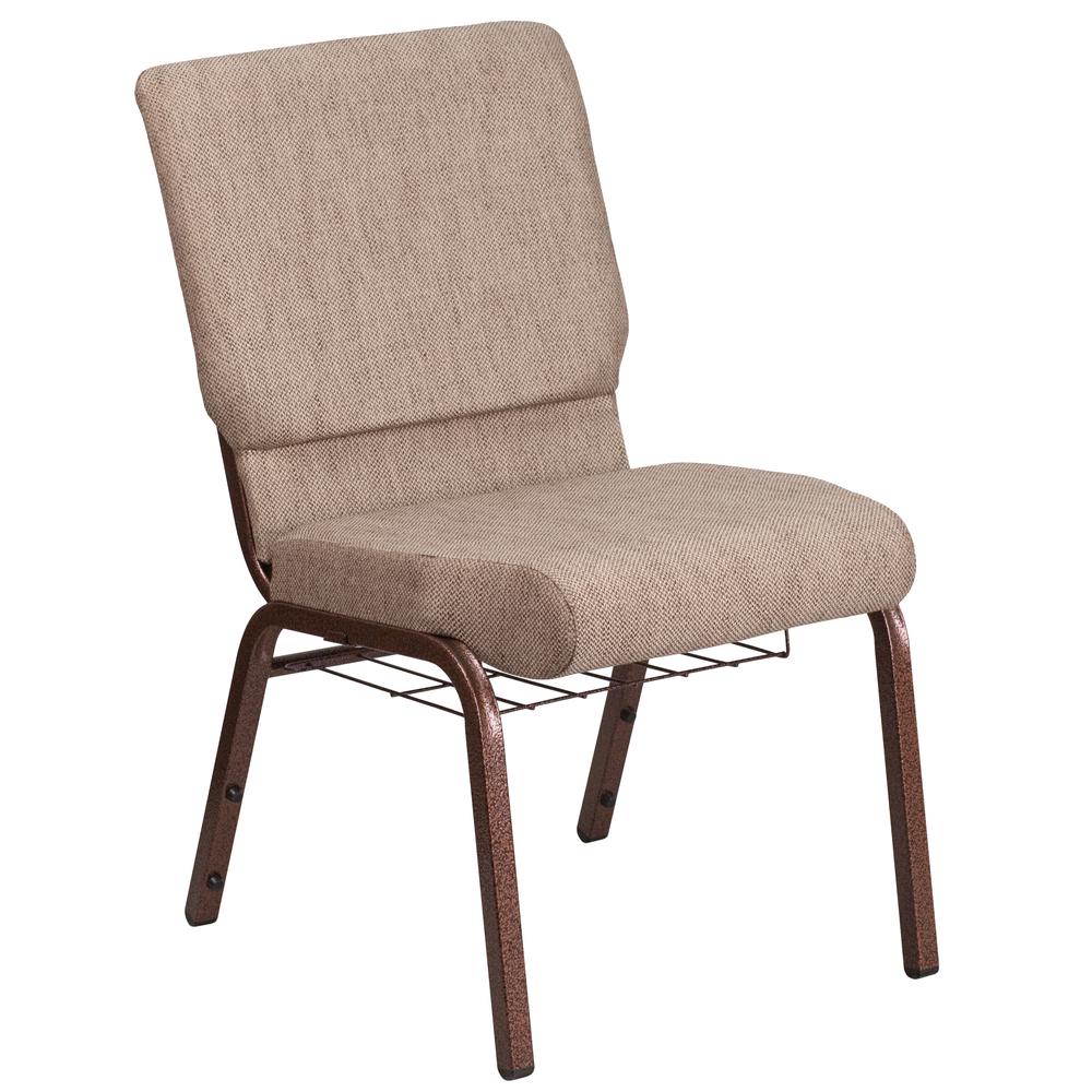 18.5''W Church Chair in Beige Fabric with Book Rack - Copper Vein Frame. Picture 2