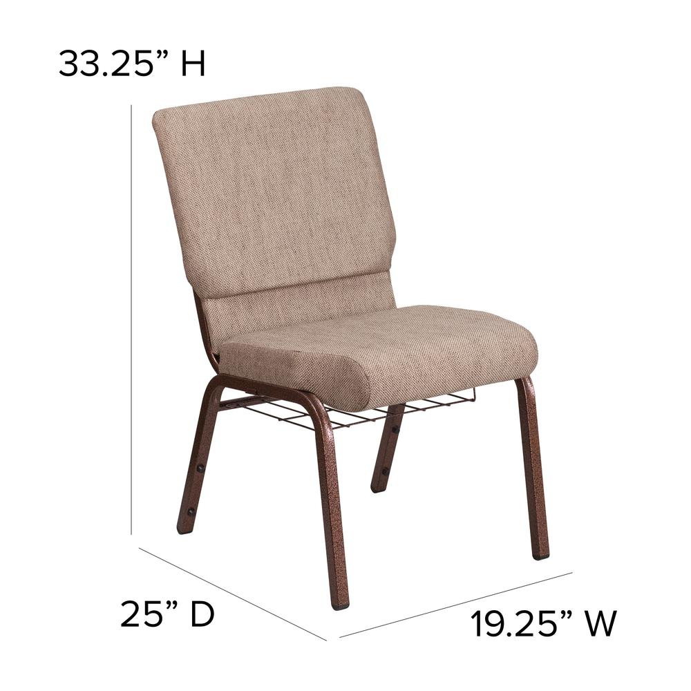 18.5''W Church Chair in Beige Fabric with Book Rack - Copper Vein Frame. Picture 3