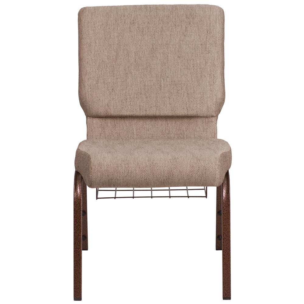 18.5''W Church Chair in Beige Fabric with Book Rack - Copper Vein Frame. Picture 6
