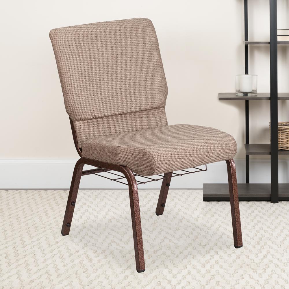 18.5''W Church Chair in Beige Fabric with Book Rack - Copper Vein Frame. Picture 7