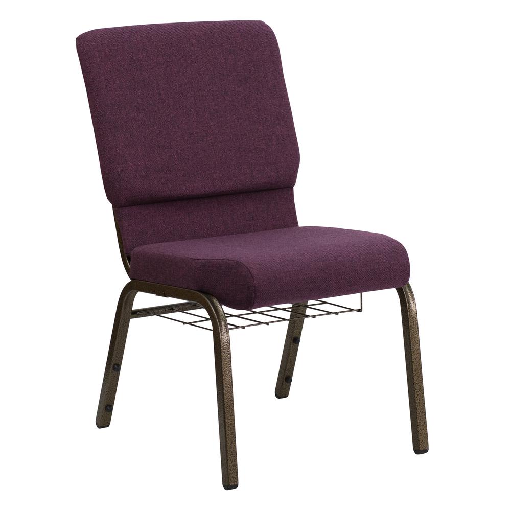 HERCULES Series 18.5''W Church Chair in Plum Fabric with Cup Book Rack - Gold Vein Frame. Picture 1
