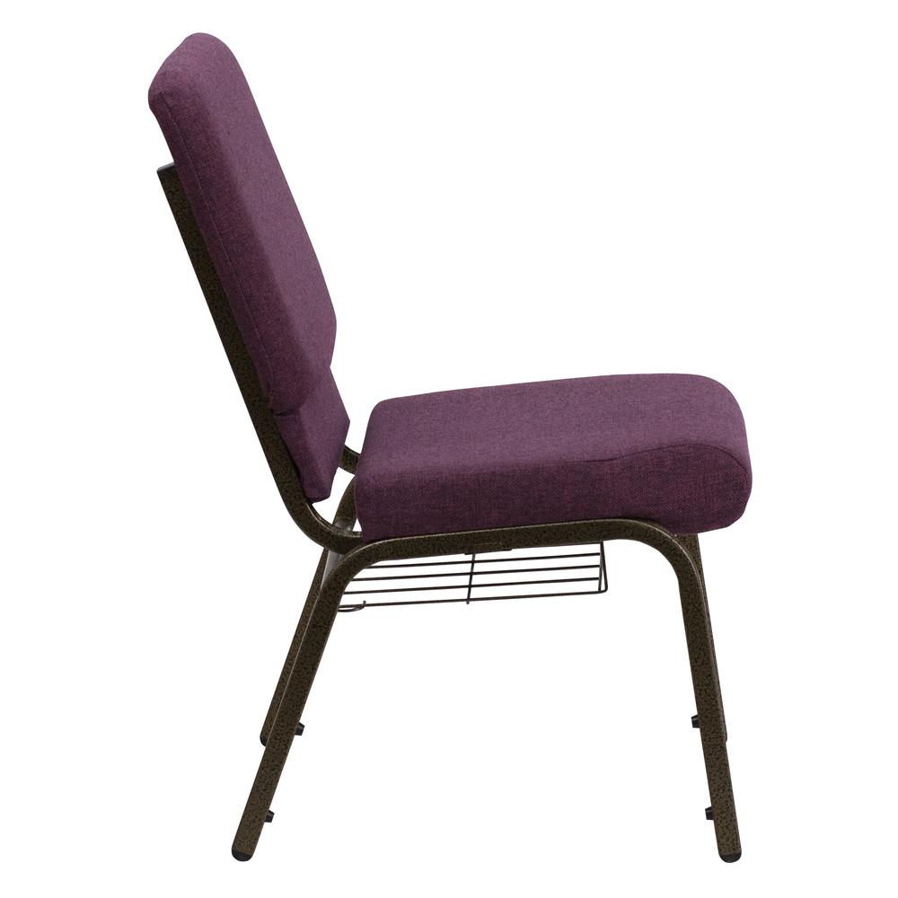 HERCULES Series 18.5''W Church Chair in Plum Fabric with Cup Book Rack - Gold Vein Frame. Picture 2