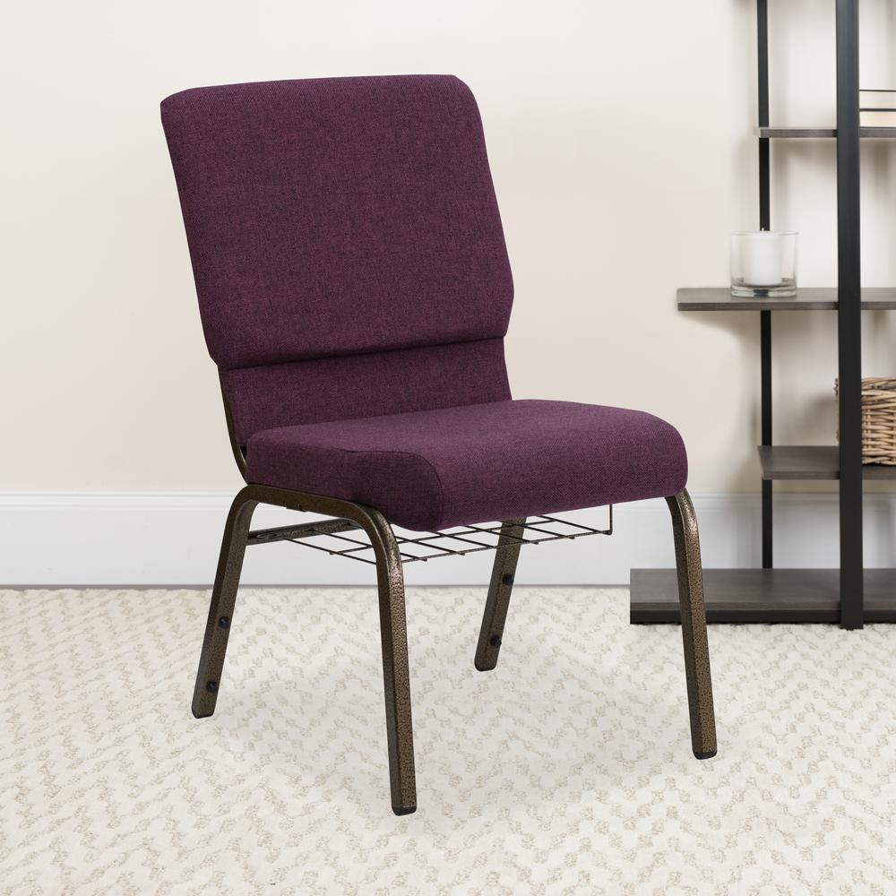 18.5''W Church Chair in Plum Fabric with Cup Book Rack - Gold Vein Frame. Picture 6