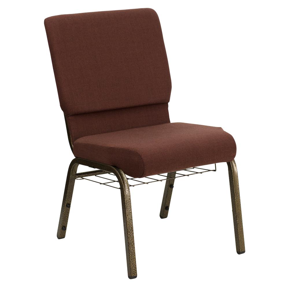 18.5''W Church Chair in Brown Fabric with Cup Book Rack - Gold Vein Frame. Picture 1
