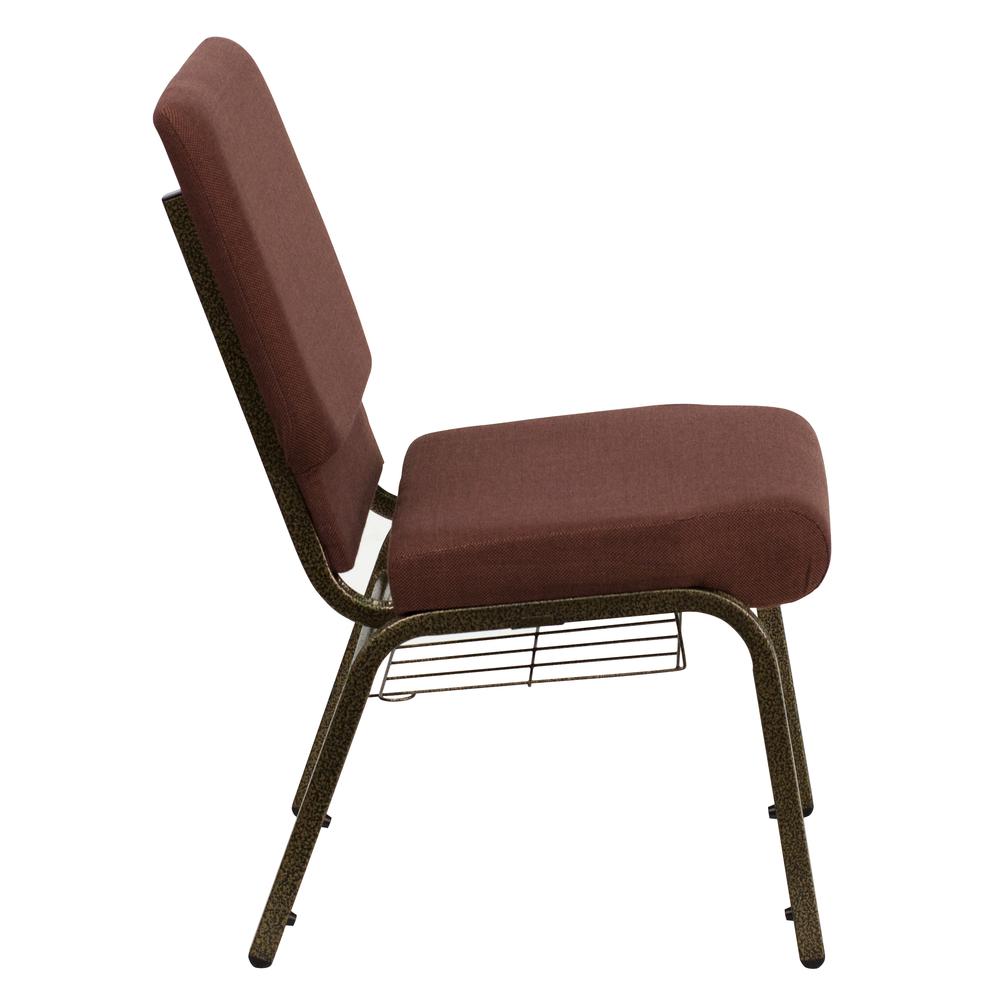 18.5''W Church Chair in Brown Fabric with Cup Book Rack - Gold Vein Frame. Picture 2
