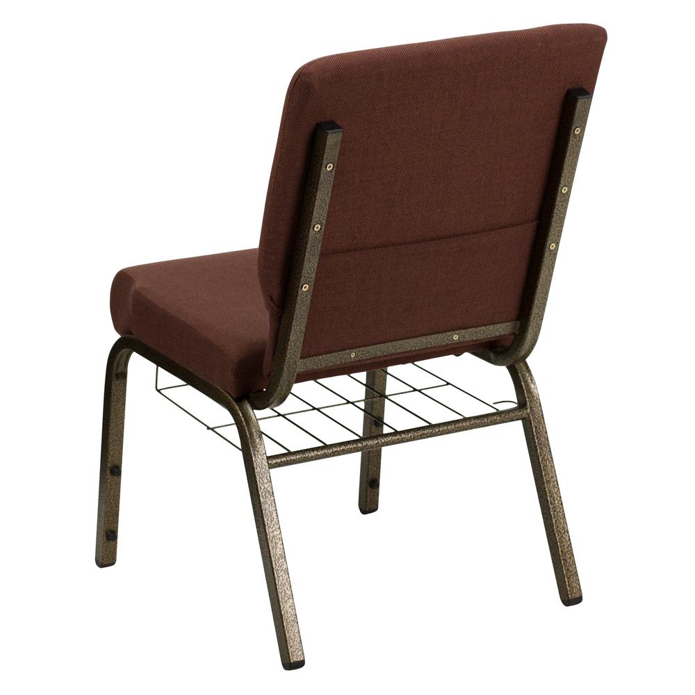 18.5''W Church Chair in Brown Fabric with Cup Book Rack - Gold Vein Frame. Picture 3