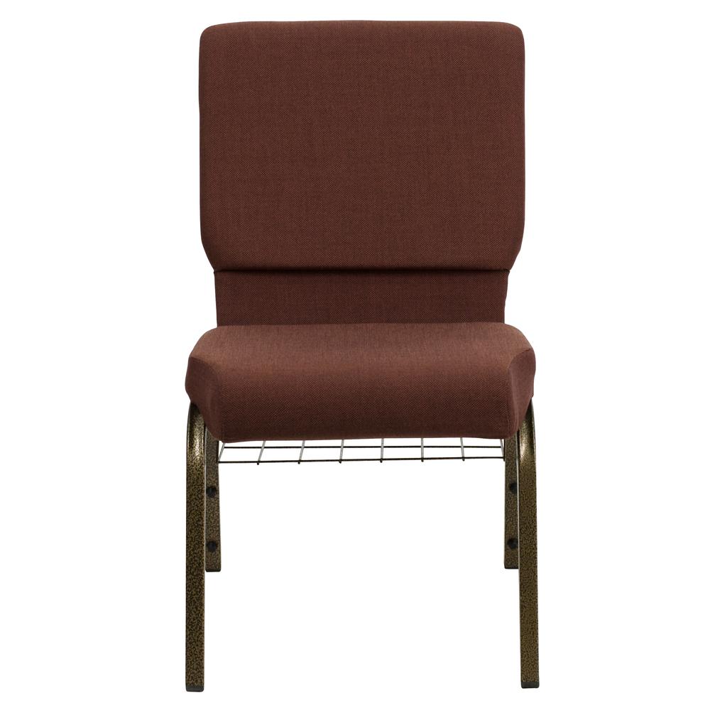 18.5''W Church Chair in Brown Fabric with Cup Book Rack - Gold Vein Frame. Picture 4