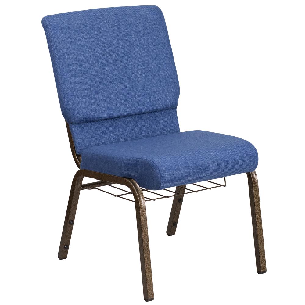 18.5''W Church Chair in Blue Fabric with Cup Book Rack - Gold Vein Frame. Picture 2