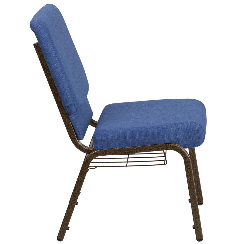 HERCULES Series 18.5''W Church Chair in Blue Fabric with Cup Book Rack - Gold Vein Frame. Picture 2