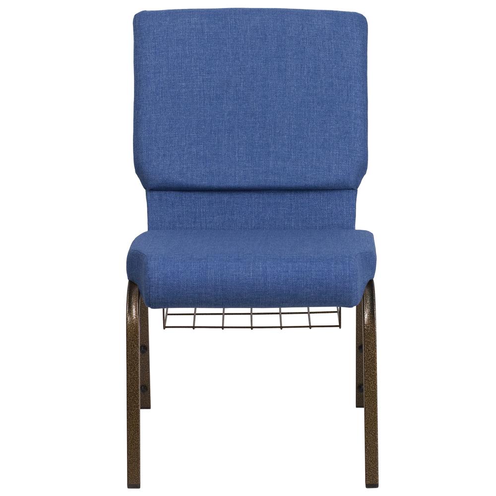 18.5''W Church Chair in Blue Fabric with Cup Book Rack - Gold Vein Frame. Picture 4