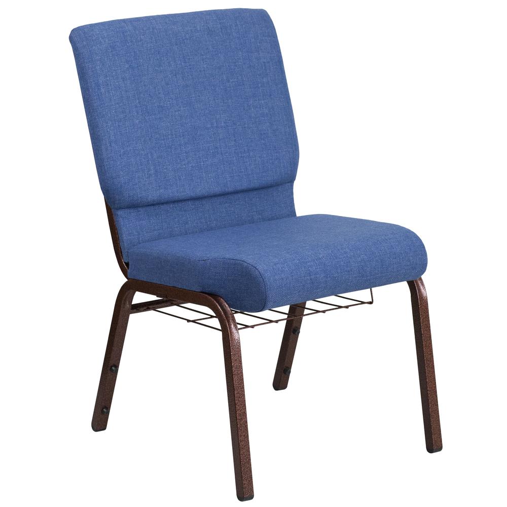 18.5''W Church Chair in Blue Fabric with Cup Book Rack - Gold Vein Frame. Picture 1