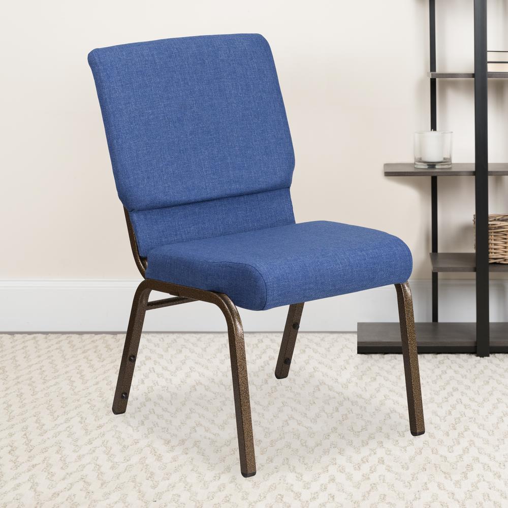 18.5''W Stacking Church Chair in Blue Fabric - Gold Vein Frame. Picture 7