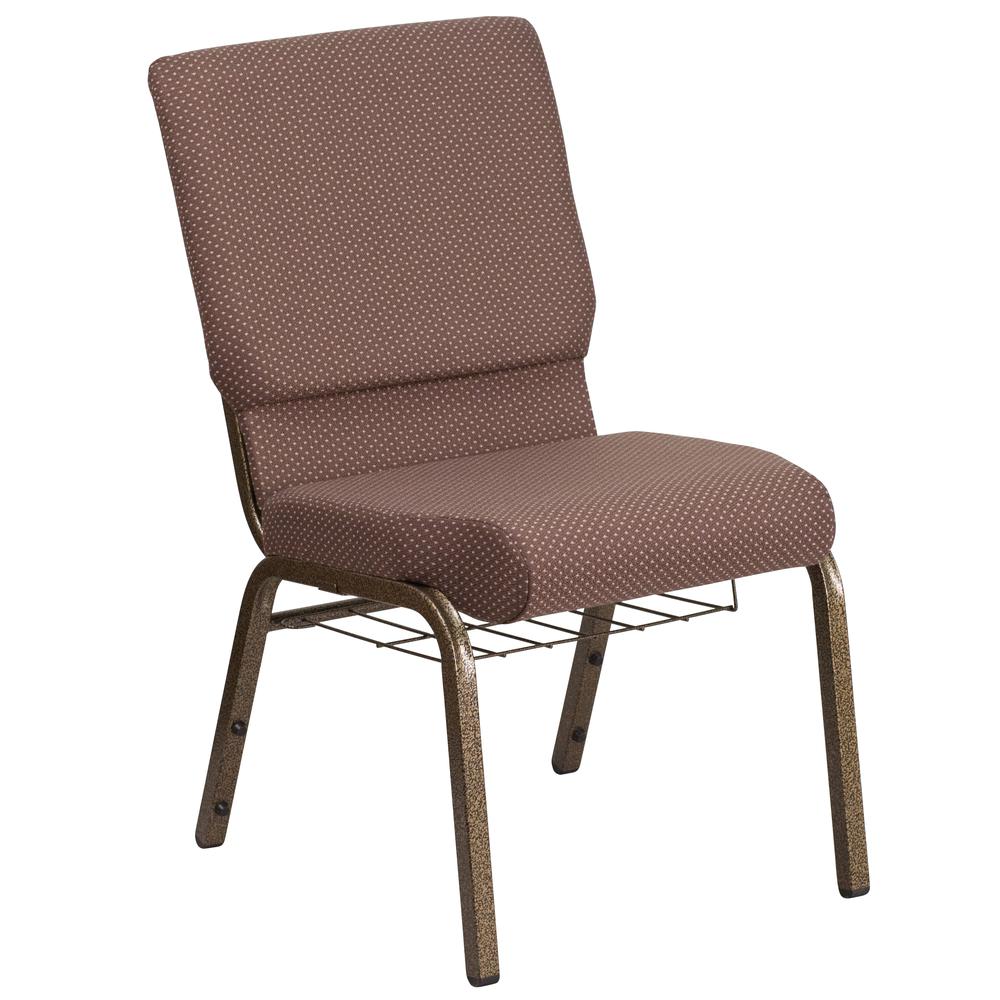 18.5''W Church Chair in Brown Dot Fabric with Book Rack - Gold Vein Frame. Picture 1