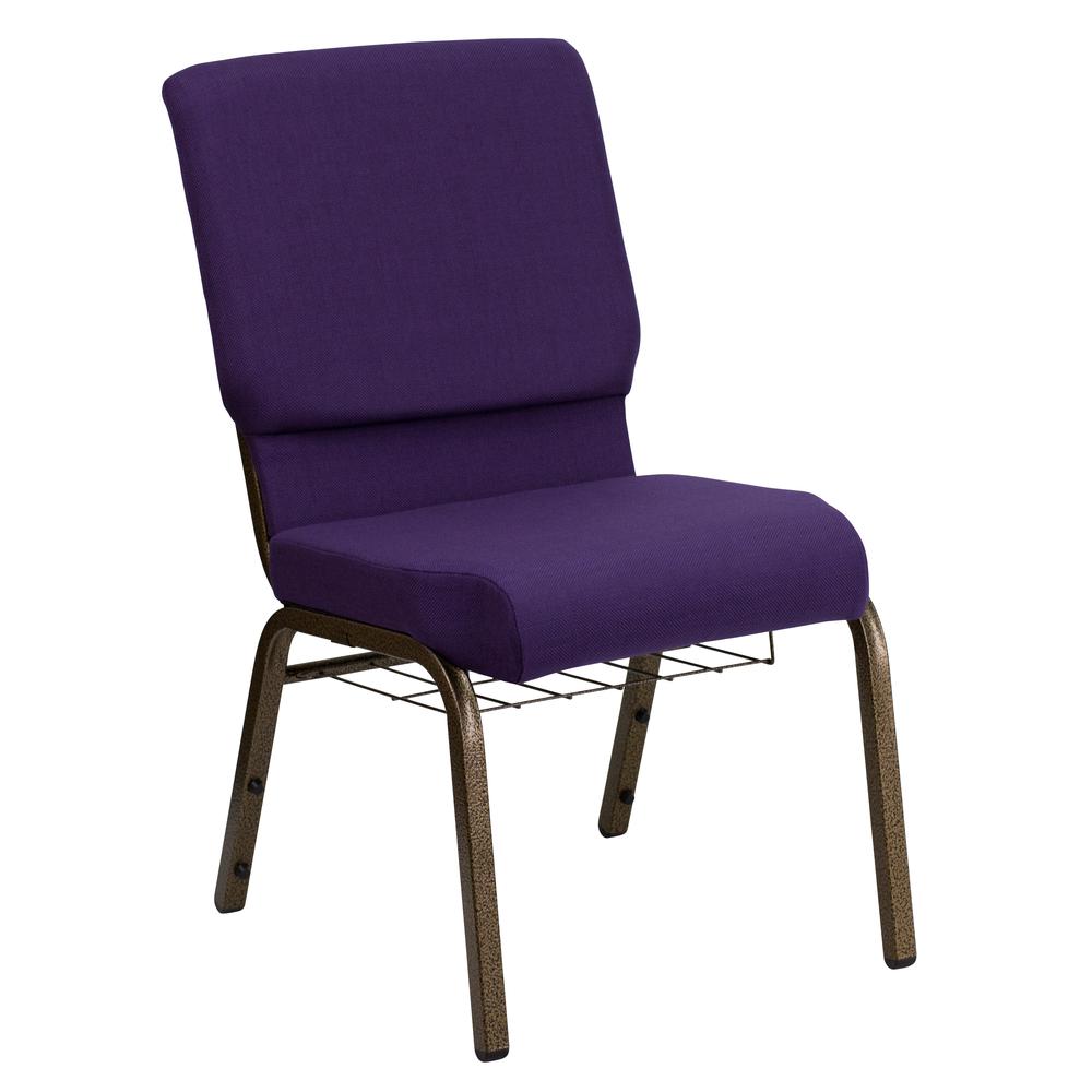 18.5''W Church Chair in Royal Purple Fabric with Cup Book Rack - Gold Vein Frame. Picture 1