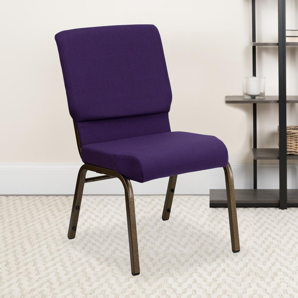 18.5''W Stacking Church Chair in Royal Purple Fabric - Gold Vein Frame. Picture 6