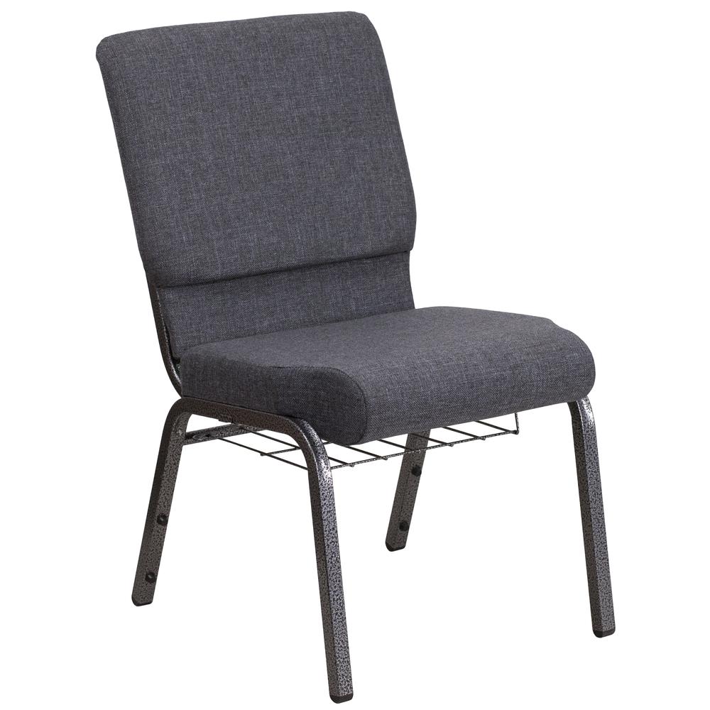 18.5''W Church Chair in Dark Gray Fabric with Book Rack - Silver Vein Frame. Picture 2