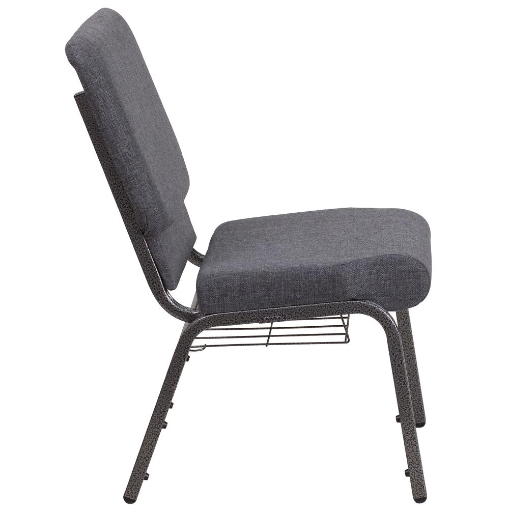 18.5''W Church Chair in Dark Gray Fabric with Book Rack - Silver Vein Frame. Picture 2