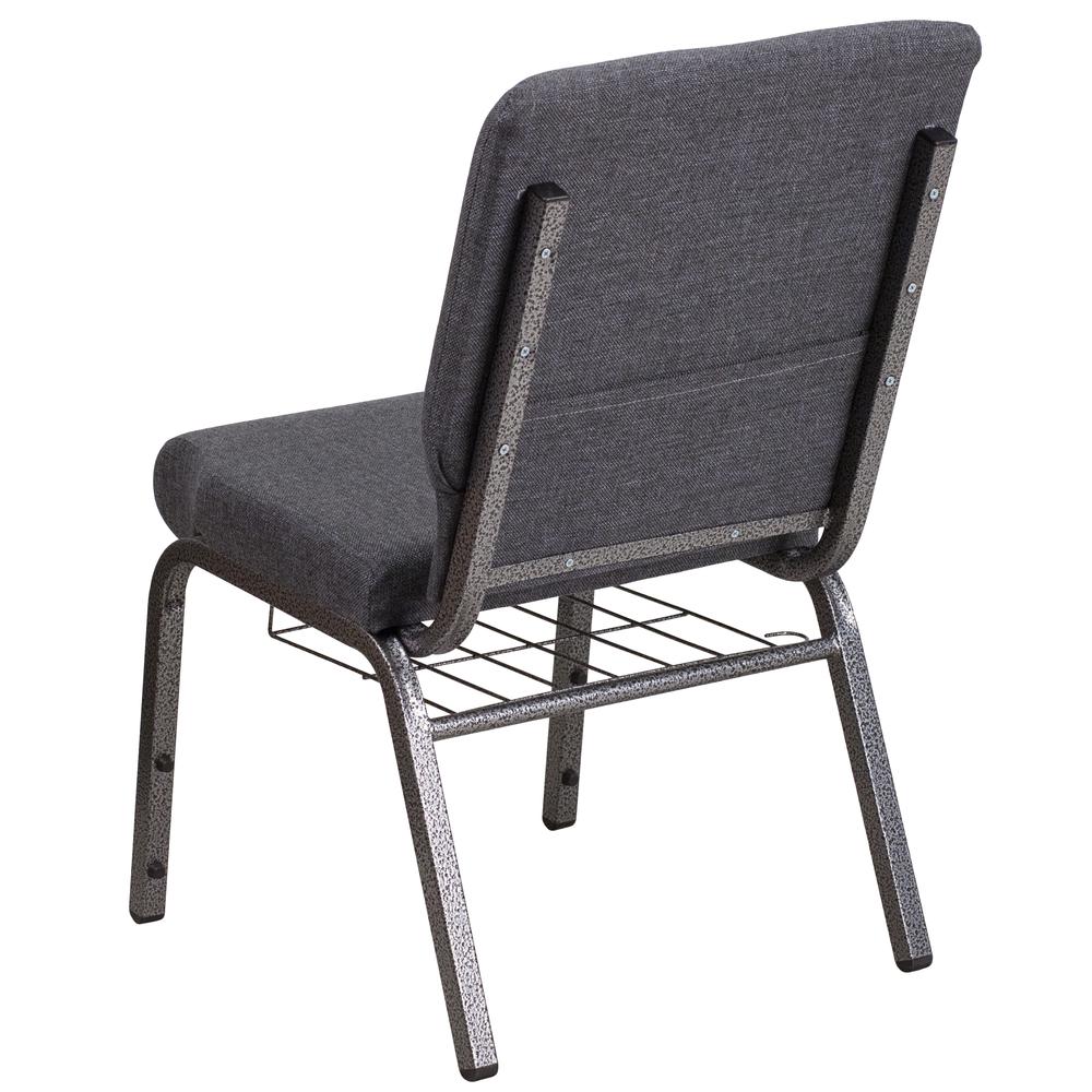 18.5''W Church Chair in Dark Gray Fabric with Book Rack - Silver Vein Frame. Picture 3