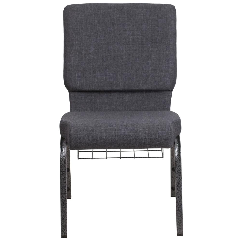 18.5''W Church Chair in Dark Gray Fabric with Book Rack - Silver Vein Frame. Picture 6