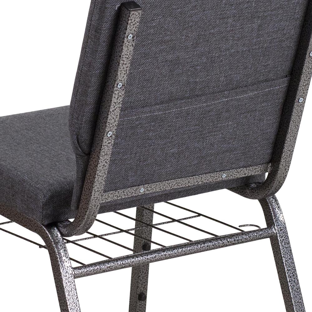 18.5''W Church Chair in Dark Gray Fabric with Book Rack - Silver Vein Frame. Picture 9