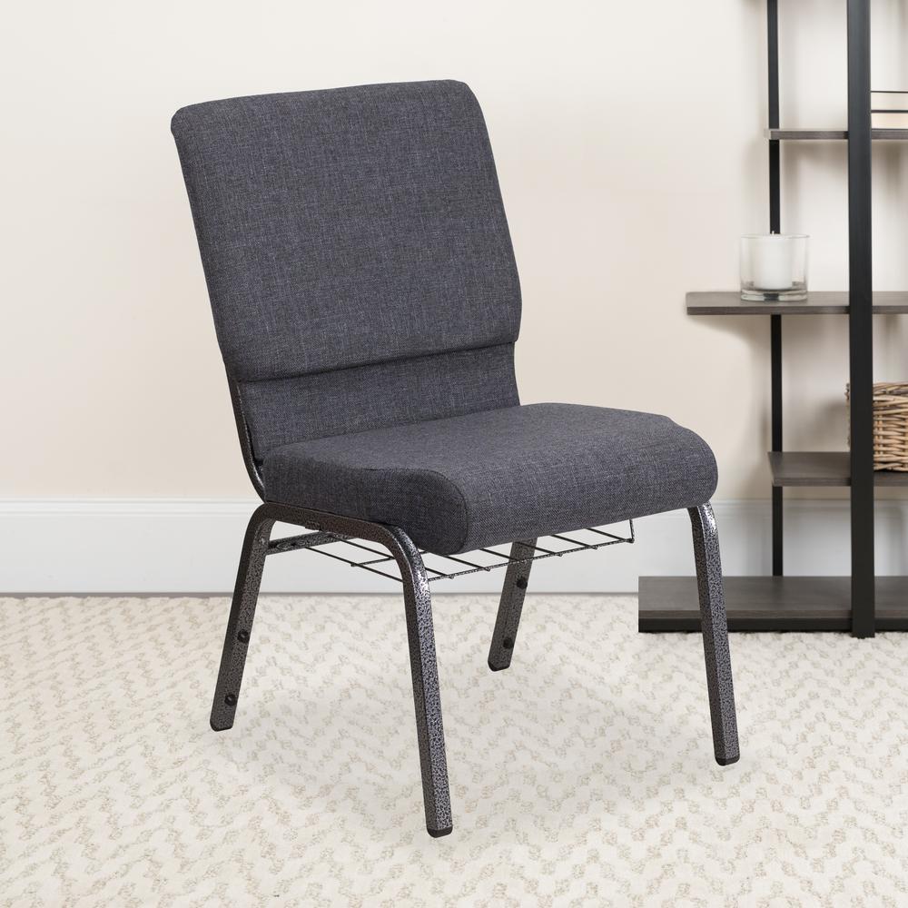 18.5''W Church Chair in Dark Gray Fabric with Book Rack - Silver Vein Frame. Picture 10