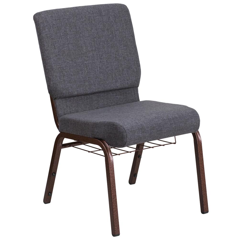 18.5''W Church Chair in Dark Gray Fabric with Book Rack - Silver Vein Frame. Picture 1