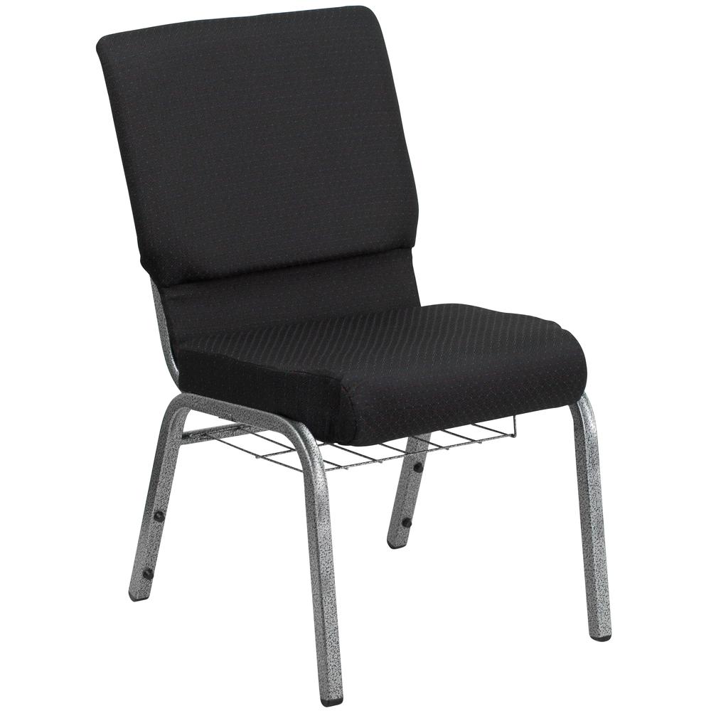 18.5''W Church Chair in Black Fabric with Cup Book Rack - Silver Vein Frame. Picture 1