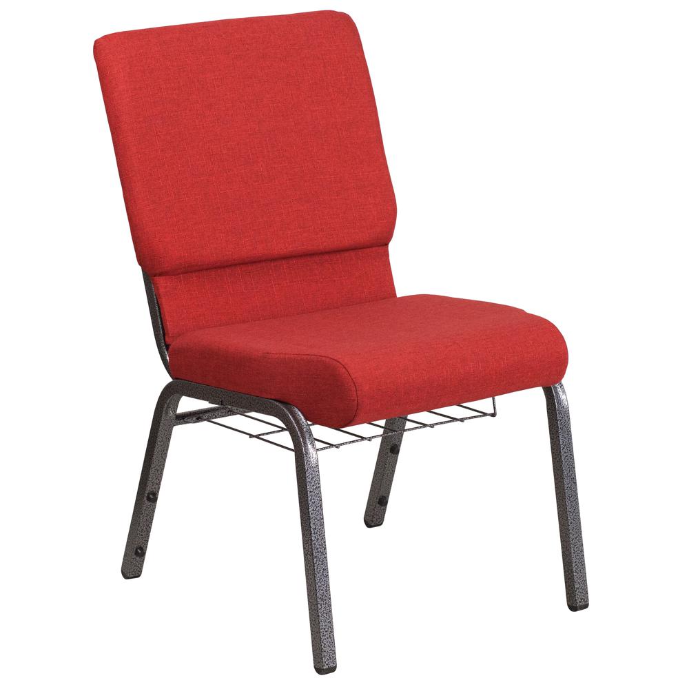 18.5''W Church Chair in Red Fabric with Cup Book Rack - Silver Vein Frame. Picture 2
