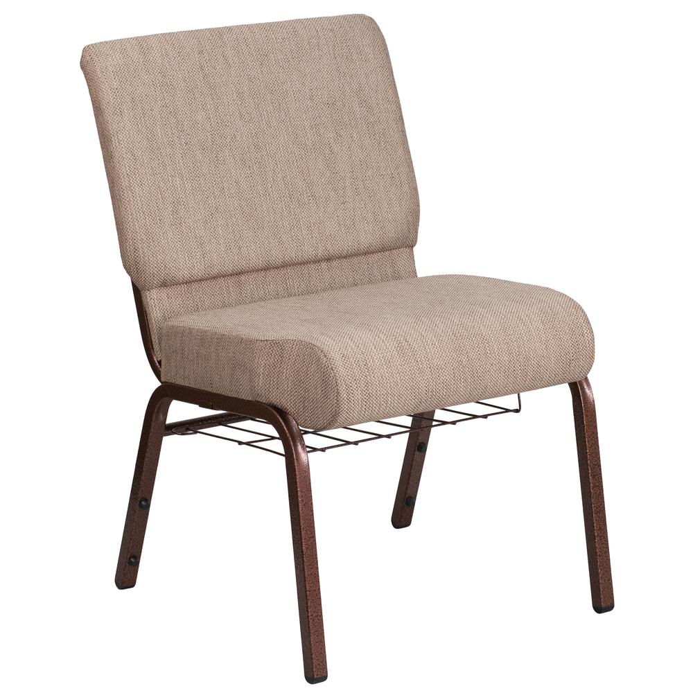 21''W Church Chair in Beige Fabric with Book Rack - Copper Vein Frame. Picture 1