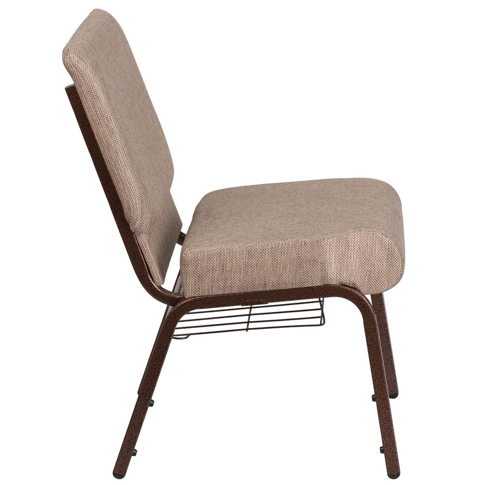 21''W Church Chair in Beige Fabric with Book Rack - Copper Vein Frame. Picture 2