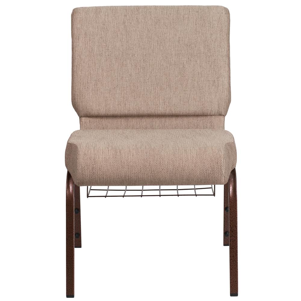 21''W Church Chair in Beige Fabric with Book Rack - Copper Vein Frame. Picture 4