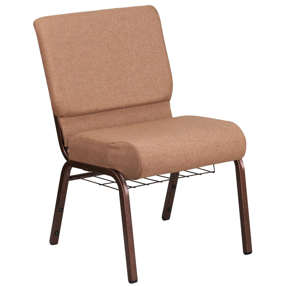21''W Church Chair in Caramel Fabric with Cup Book Rack - Copper Vein Frame. Picture 1