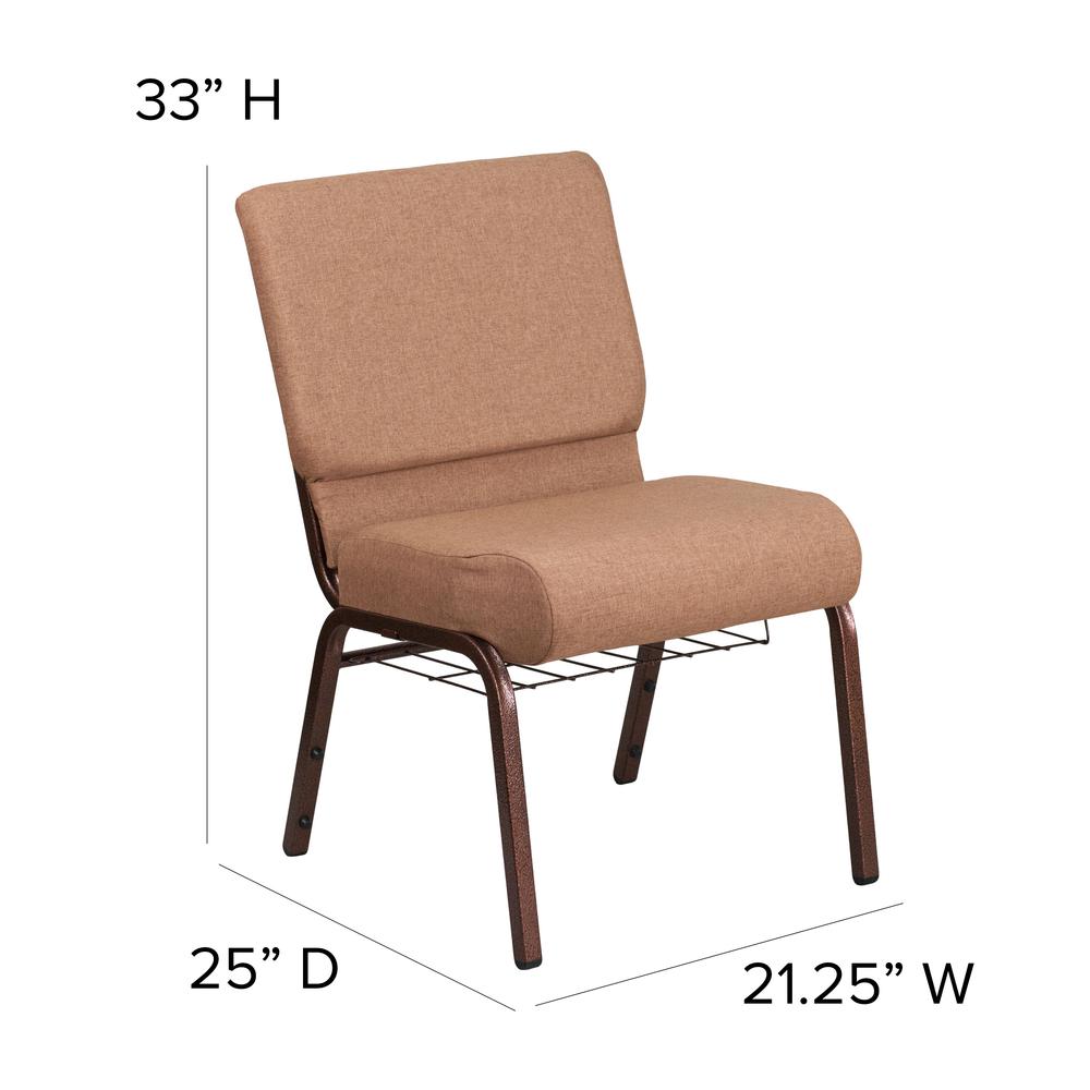 21''W Church Chair in Caramel Fabric with Cup Book Rack - Copper Vein Frame. Picture 2